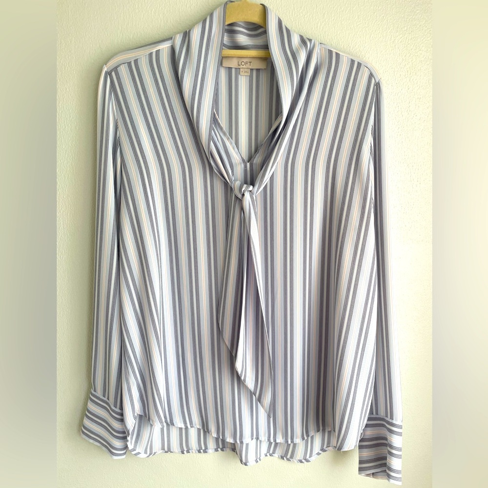 Loft, striped blouse with tie neck, barely worn, size M